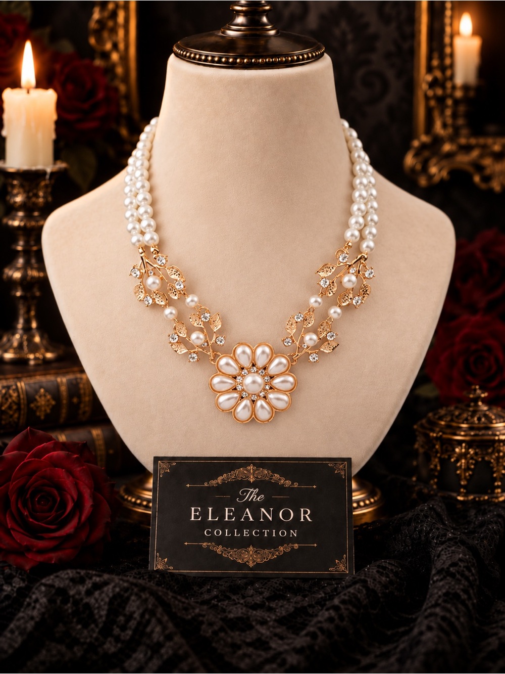 Eleanor ShuMark Pearl Floral Statement Necklace Gold Tone NWT
